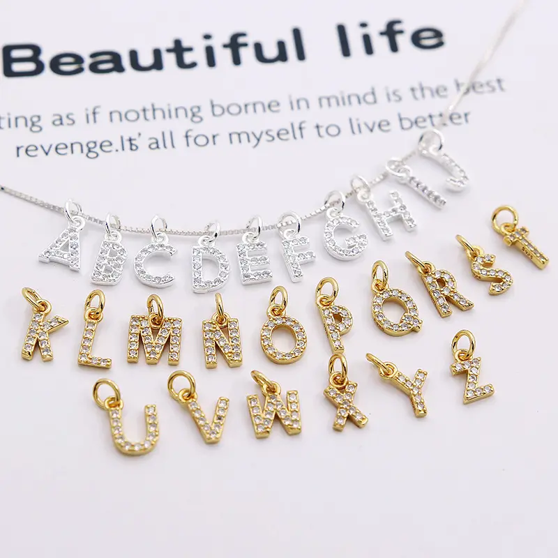 Charms con letras de Circonia cúbica, chapado en oro de 18k, Plata de Ley 925, sin empañar, cristal transparente blanco