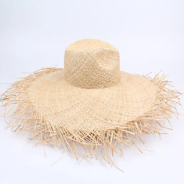 Sombreros de rafia con borde deshilachado para mujer, sombrero de paja para playa y sol, para vacaciones de verano