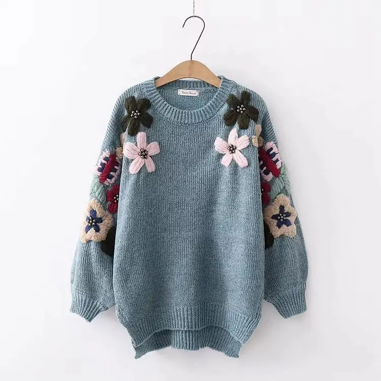 Suéter quente cinza artesanal para unhas, flor de pérola, bordado, gola redonda, de malha, com bordados