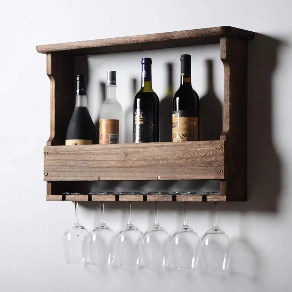 Wall Mounted Wine Glass Garrafa Display Rack madeira sólida teca em acabamento natural