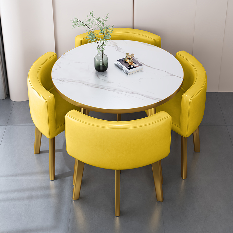 Table imitation pierre jaune vif 80, 4 chaises, support doré