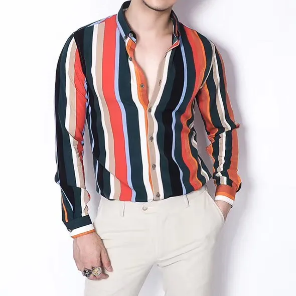 Camisa masculina 2024 listra colorida manga longa homem coreano camisas casuais clube