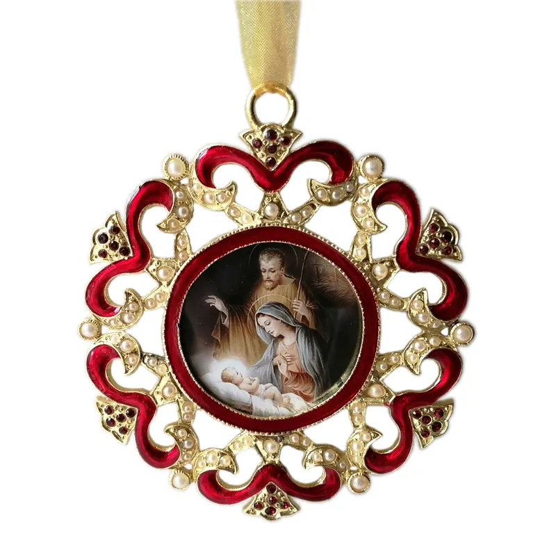 Marco de árbol de navidad, ornamento colgante, chapado en oro con epoxi rojo y perlas blancas de ABS, joyería redonda de aleación de Zinc