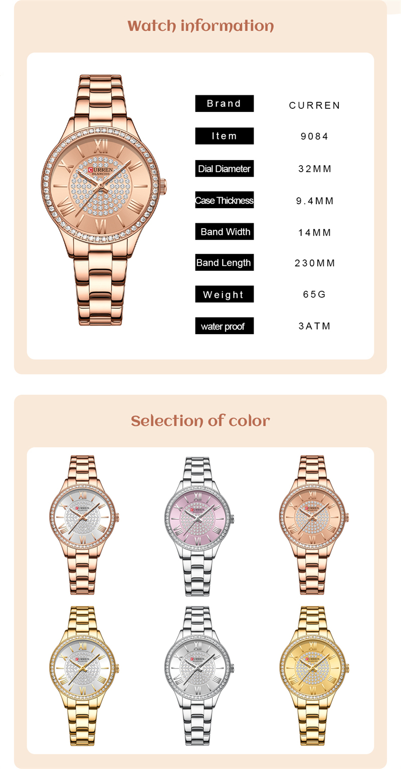 CURREN Top Brand Fashion Ladies Watches Stainless Steel Band Quartz Female Wristwatch Ladies Gifts Clock Relogio Feminino