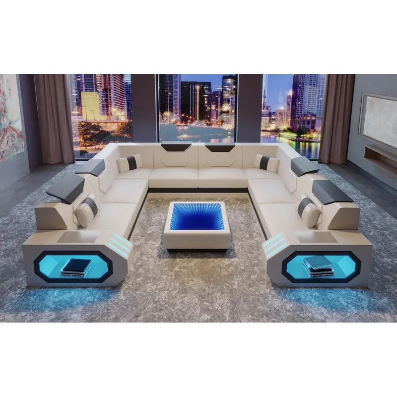 Casa moderna de diseño italiano grande en forma de u de las seccionales sofá de cuero muebles de sala de sofás con luz led