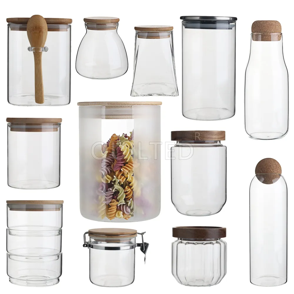 Frasco de vidrio de borosilicato con tapa de bambú, frasco de vidrio con forma única, para almacenamiento de alimentos en la cocina, venta al por mayor