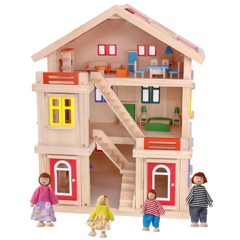 Onshine mutlu aile ahşap oyuncak DIY dollhouse renkli bebekler ve mobilya çocuk oyun büyük bebek evi