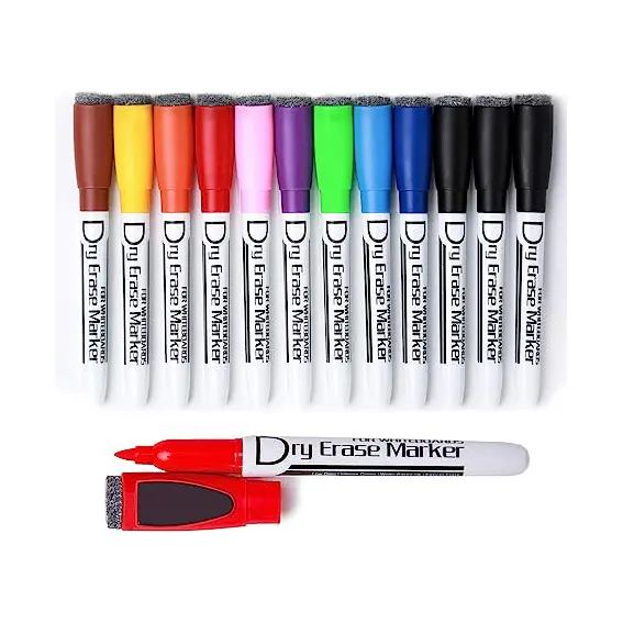 Juego a granel de logotipo de impresión personalizado, bolígrafo de pizarra en 10 colores, marcadores magnéticos de borrado en seco con borrador