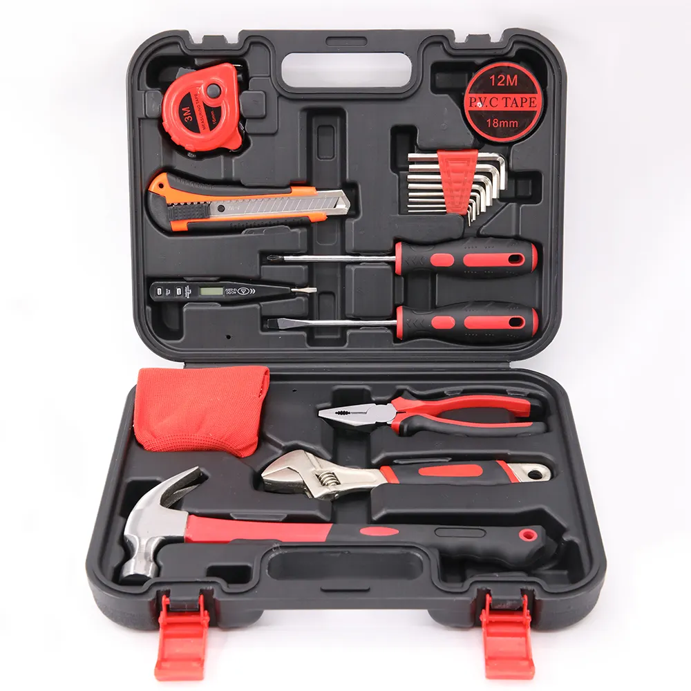 SDPSIHand-Kit de reparación General del hogar, caja de herramientas de plástico, alicates de cinta métrica, llave, destornillador, cuchillo, martillo