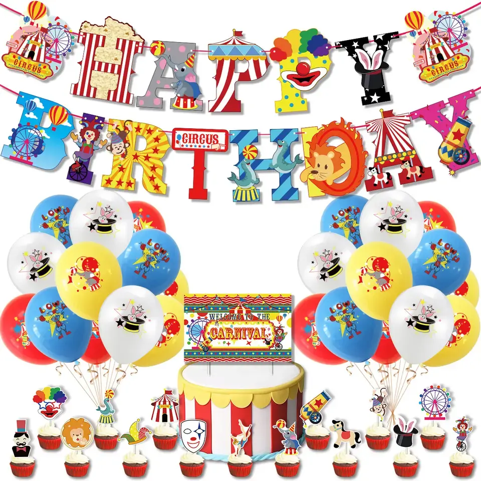 Palloncini a tema circo di carnevale buon compleanno Banner Cupcake Toppers Fiesta circense Party arredamento sfondo