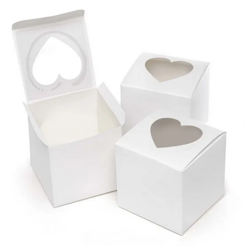 Mini boîtes à cupcakes blanches de 3 "avec fenêtre en forme de coeur sans poignée Petite boîte à cupcakes Conteneurs individuels