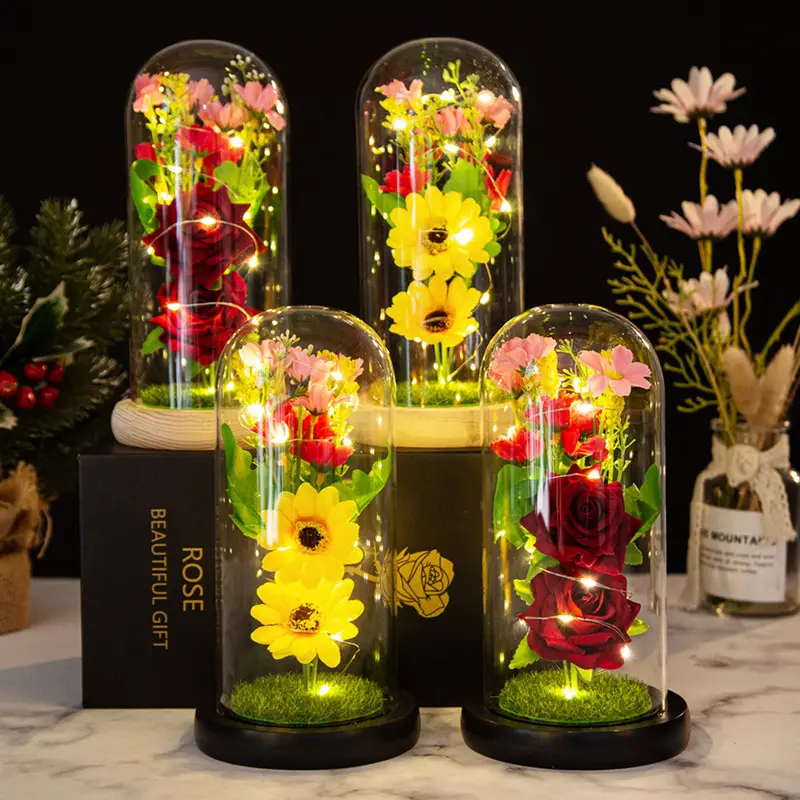 Lumière LED Artificielle Eternelle Trois Roses Immortelles Couvercle en Verre Décoration Maison Fête des Mères Saint-Valentin Cadeau Nouvel An