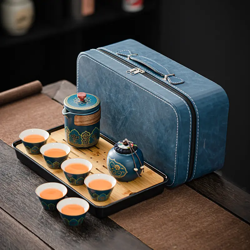 Taşınabilir All in One hediye çantası açık çin tepsi demlik ile demlik fincan seti-seyahat seramik çay seti porselen çaydanlık