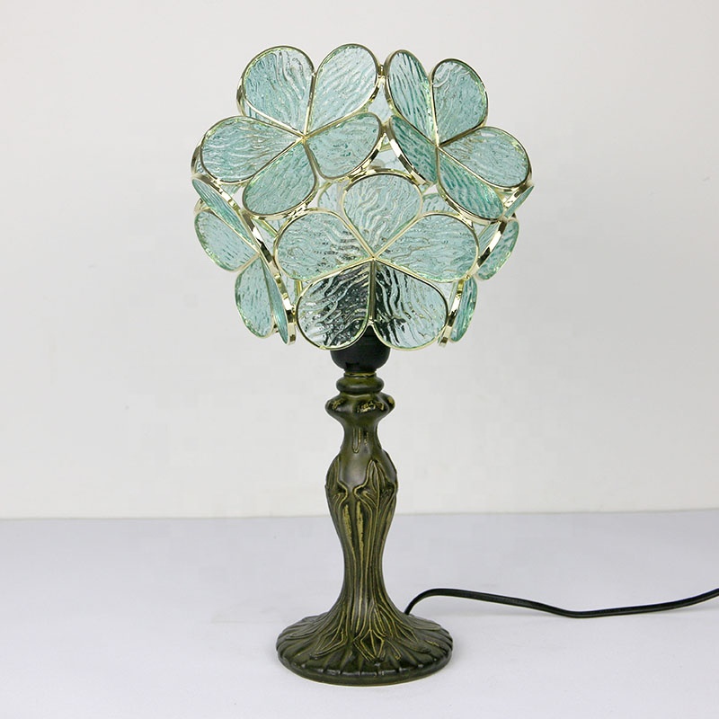 LongHuiJing Tiffany Stained Glass Bedside Lamp Antique Pink Petals Copper Style Table Lamps Metal Base Reading Desk Light