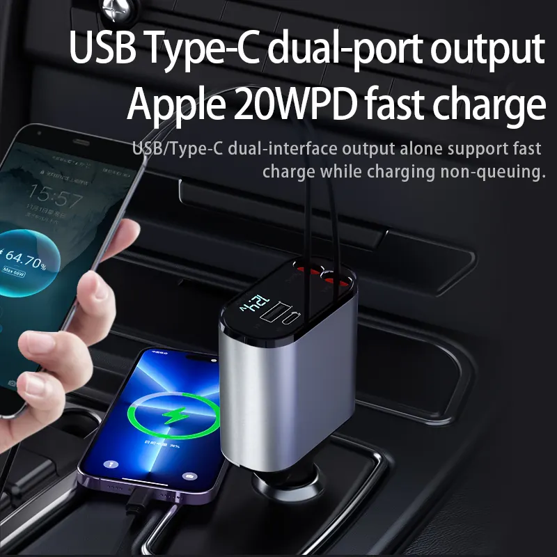 100 wát thông minh Car Charger LED hiển thị kỹ thuật số PD USB với 4 trong 1 siêu nhanh weldots có thể thu vào điện thoại sạc