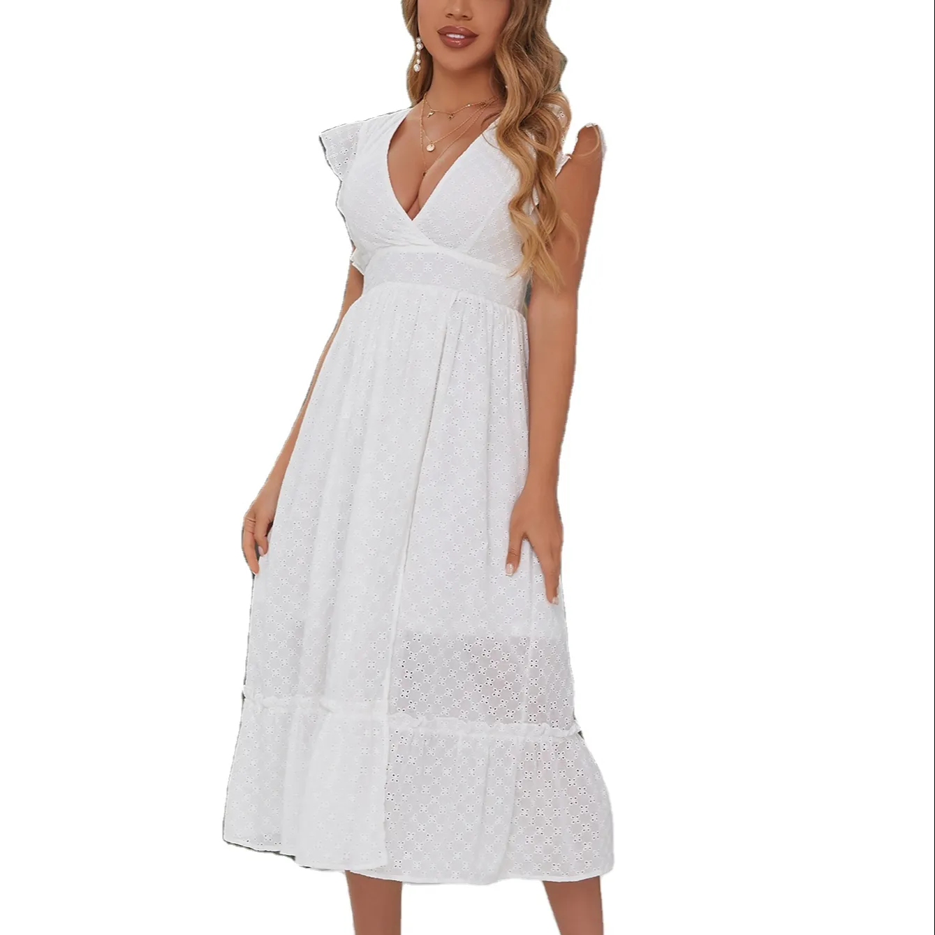 Customize Holiday Boho Style White Butterfly Sleeve V-neck A Line Embroidery Split Ruffle Hem Women Maxi Dress