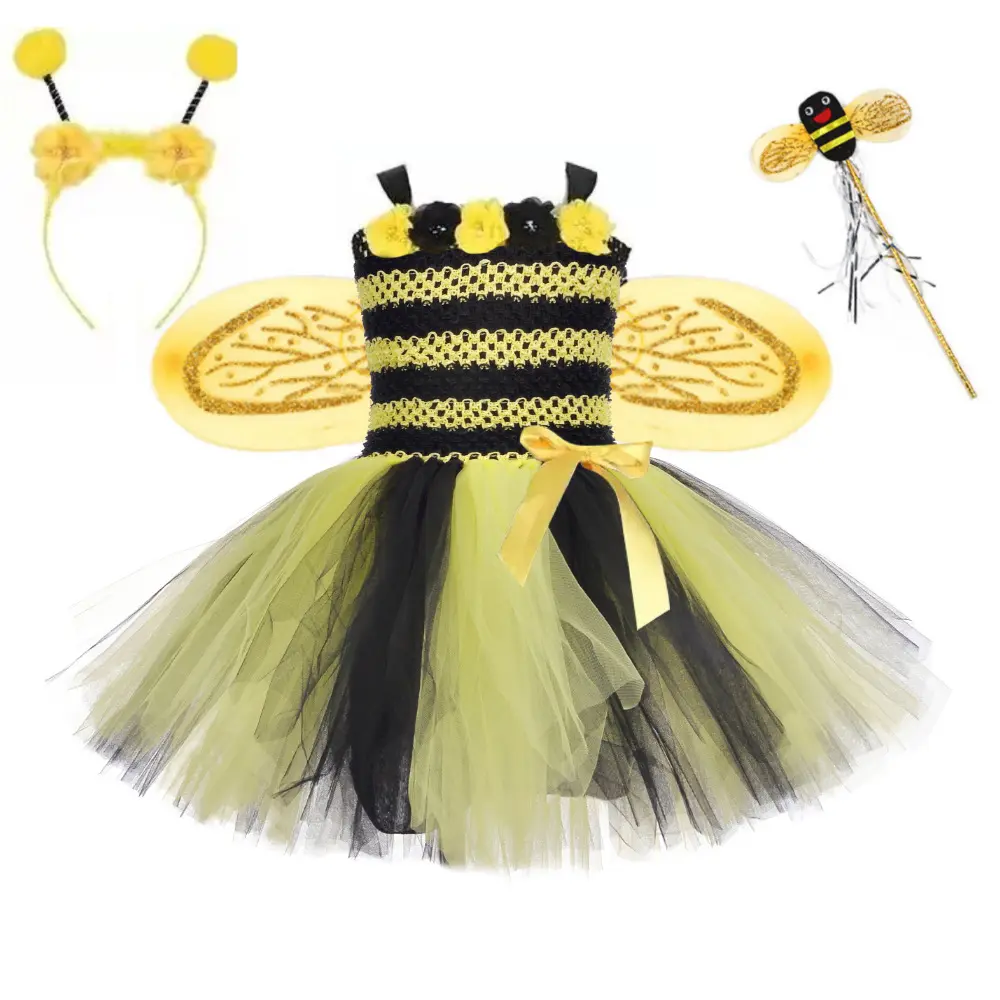 Vestido tutu de festa de aniversário para meninas, vestidos coloridos de princesa e cosplay de abelha