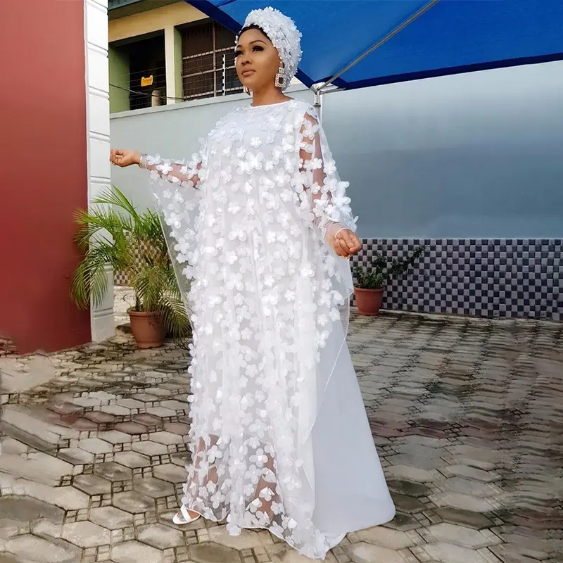 إمرأة التقليدية ملابس مسلمة الدانتيل قفطان اللباس الأبيض الشيفون بوبو ثوب الكنيسة الملابس الأفريقي فساتين