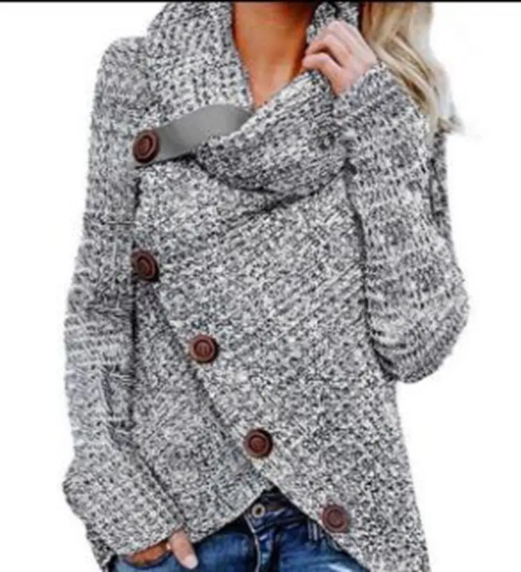 卸売カスタムOEM冬レディースヘザーグレーボタンラップタートルネック女性セーター