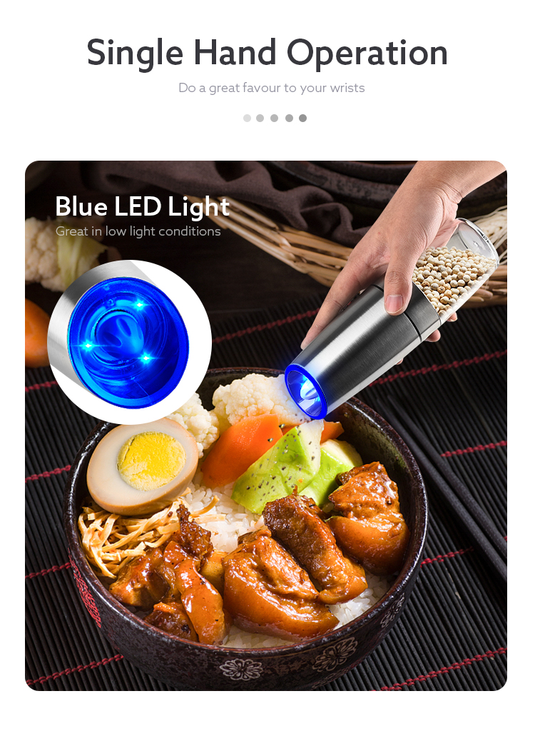 high quality portable customized stainless steel gravity salt grinder  pepper mill with LED light