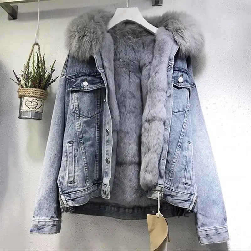 Kadınlar kış gevşek peluş kalınlaşmış Denim pamuklu ceket Denim ceket kürk astarlı Vintage Casual ceket