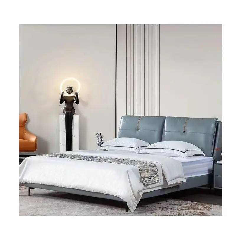 モダンプラットフォームウッドレザーフレームライトベッドルーム家具スリーピングセットクラシックホテルソファローヘッドボードキングサイズ木製ベッド
