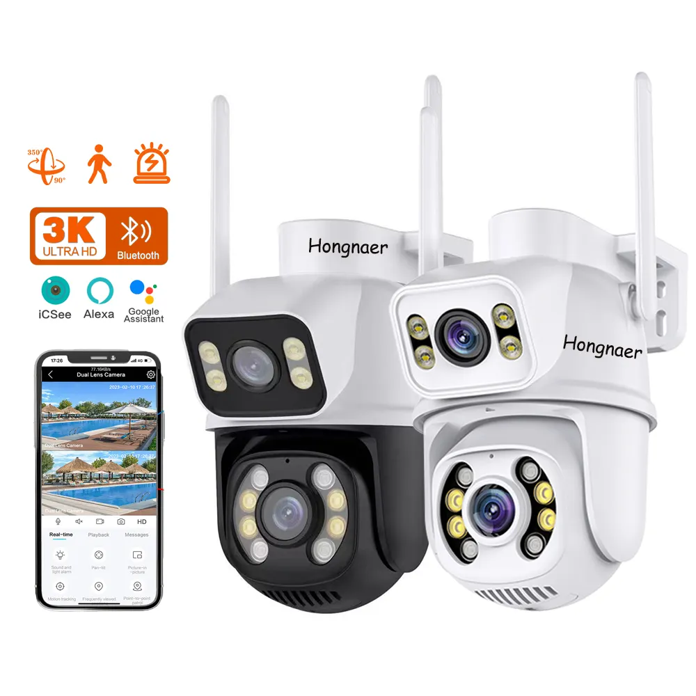 Alexa collegamento di allarme a doppio schermo iCSee 6MP 8MP 4K CCTV all'aperto PTZ sorveglianza IP Wireless di sicurezza domestica WiFi fotocamera a doppia lente