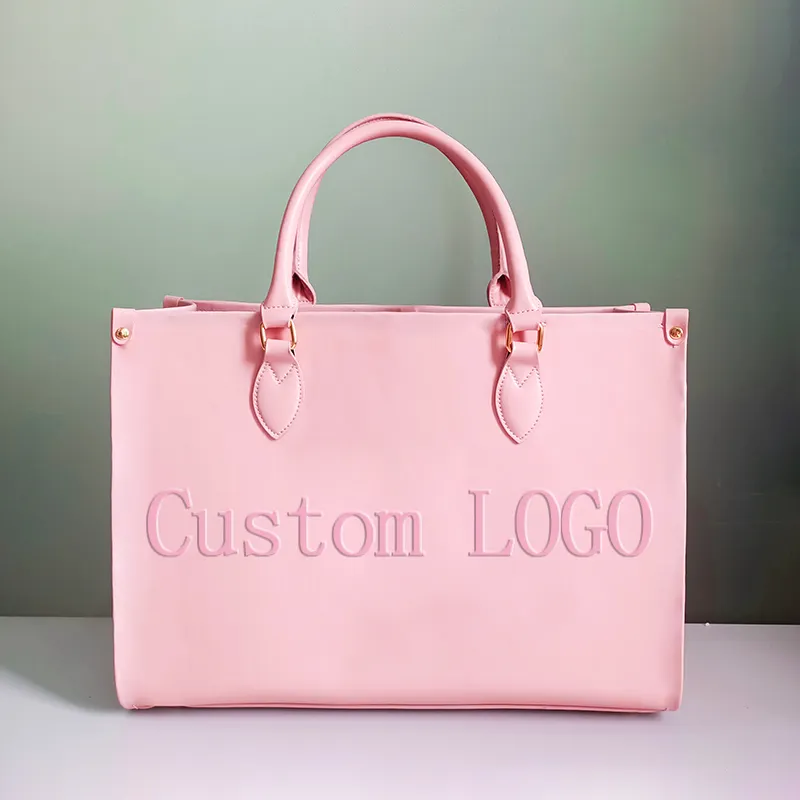 Tas tangan wanita tas Tote kulit Vegan hitam besar Logo kustom tas selempang wanita