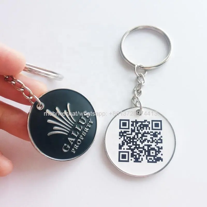 Personalizar forma redonda de metal grabado esmalte Tono de plata etiqueta clave negro con impresión de código QR para promoción, publicidad