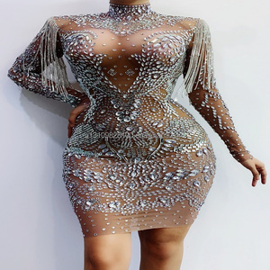 Parkly Silver Rhinestones Fringe <strong>Trans</strong> Full of Diamond Close-fitting Body Tight Real Mesh Nightclub Costume - Product Image 2