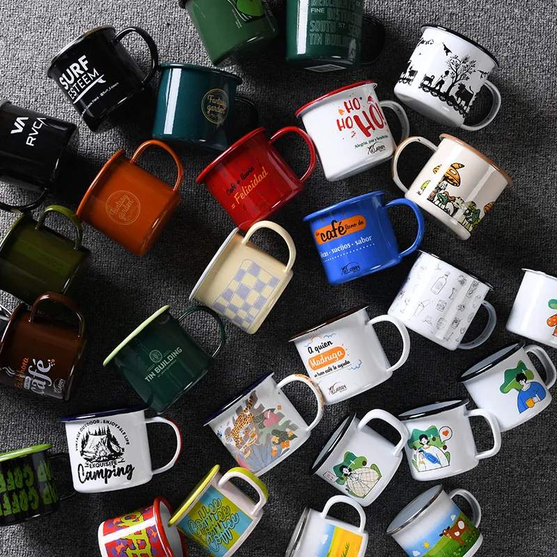 Fábrica al por mayor barato Vintage taza de té logotipo personalizado diseño impreso viaje Camping Metal esmalte taza de café para regalo de Navidad