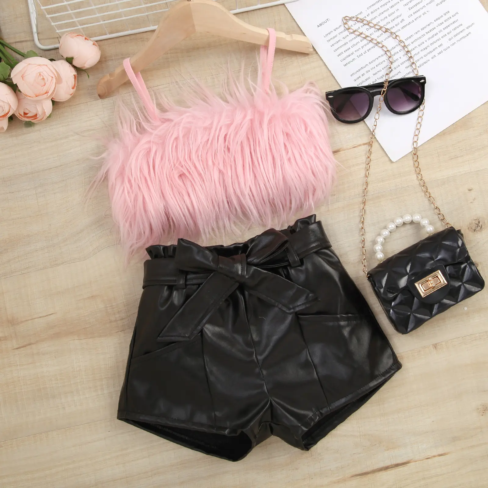 New Baby Girls Boutique Clothing 2 Pcs Sets Furry Suspender Top Leather Pants Kids Suit With Belt Children's Clothing