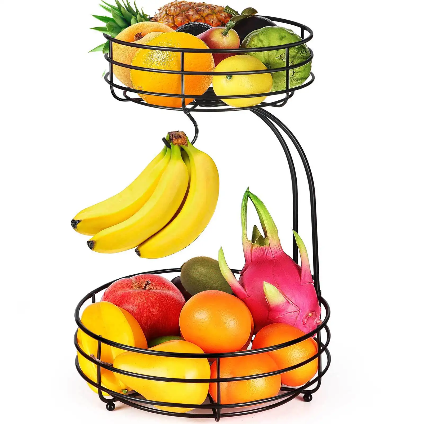 Venda quente 2-tier Bancada Frutas Legumes Cesta Tigela De Armazenamento Com Cabide De Banana