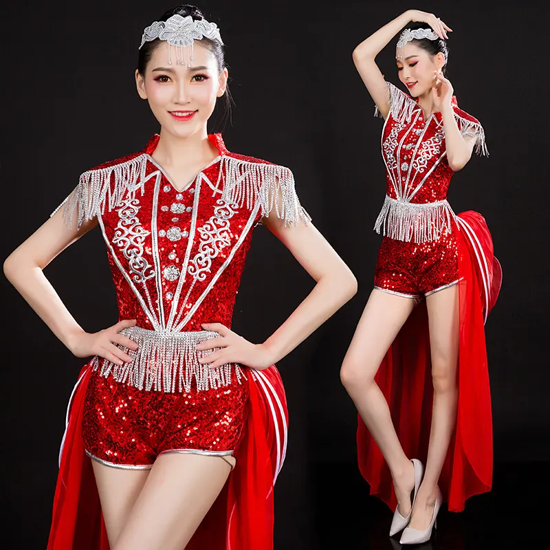 Red Korean Adult Youth Ds Sequins Sexy Modern Jazz Dance Costumes Girls Cheerleaders Costume