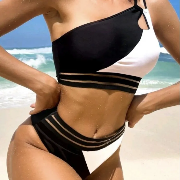 2022 caliente foto Sexy de moda de Mujeres de cintura alta Bikini Color sólido 2 piezas conjunto de playa ropa de baño