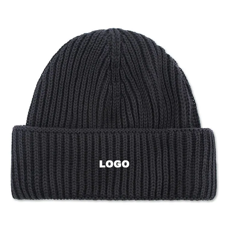 Qianzun golfe Logotipo Personalizado 100% Acrílico Em Branco Curto Chapéu De Inverno Preto Com nervuras Malha Beanie Hat Pescador Cuff Plain Beanie Cap