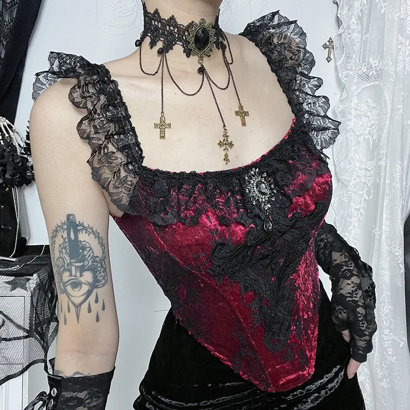 Goth scuro splendido romantico velluto gotico canottiere Vintage Grunge elegante da donna Bustier Top Skinny merletto vestiti di Alt Sexy