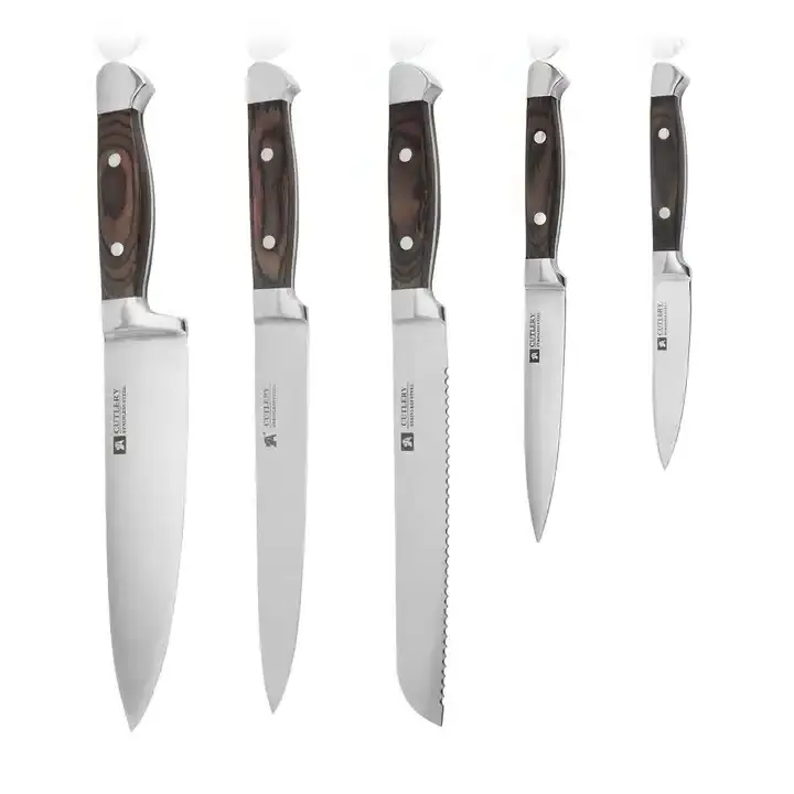 מכירה לוהטת מטבח סכין סט משולב בשר קליבר 5 חתיכות נירוסטה שארפ שף סכיני עם צבעוני עץ ידית