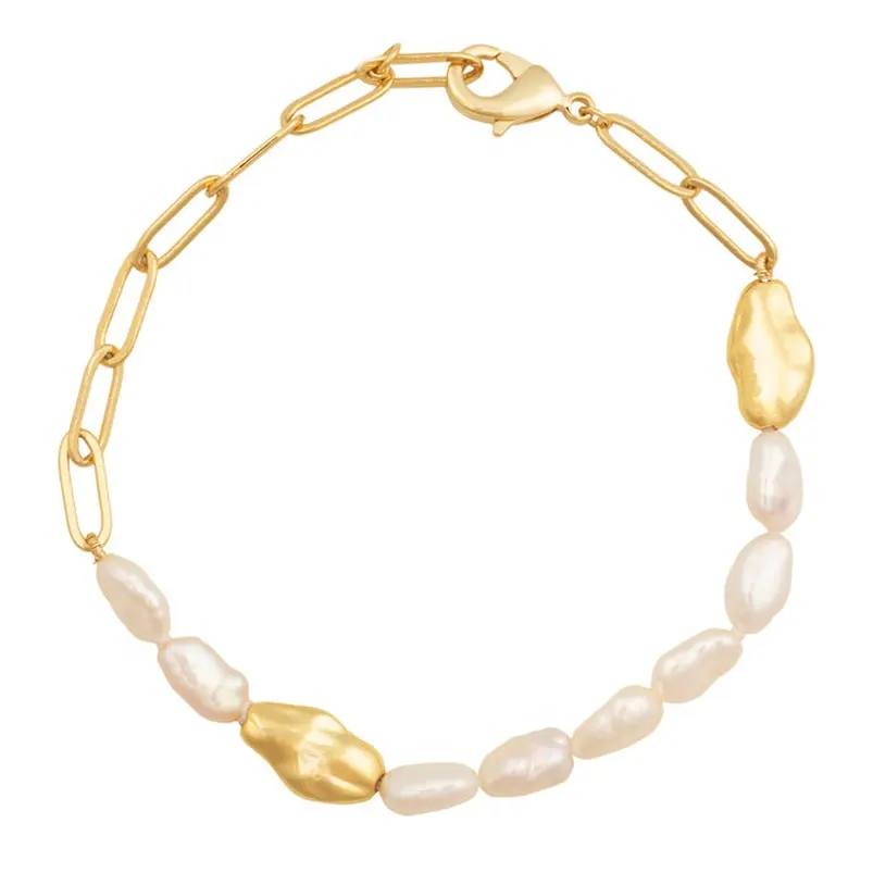 Gemnel Büroklammer Kette natürliche Süßwasser perle und Gold Nugget Armband 18 Karat Gold für Mädchen