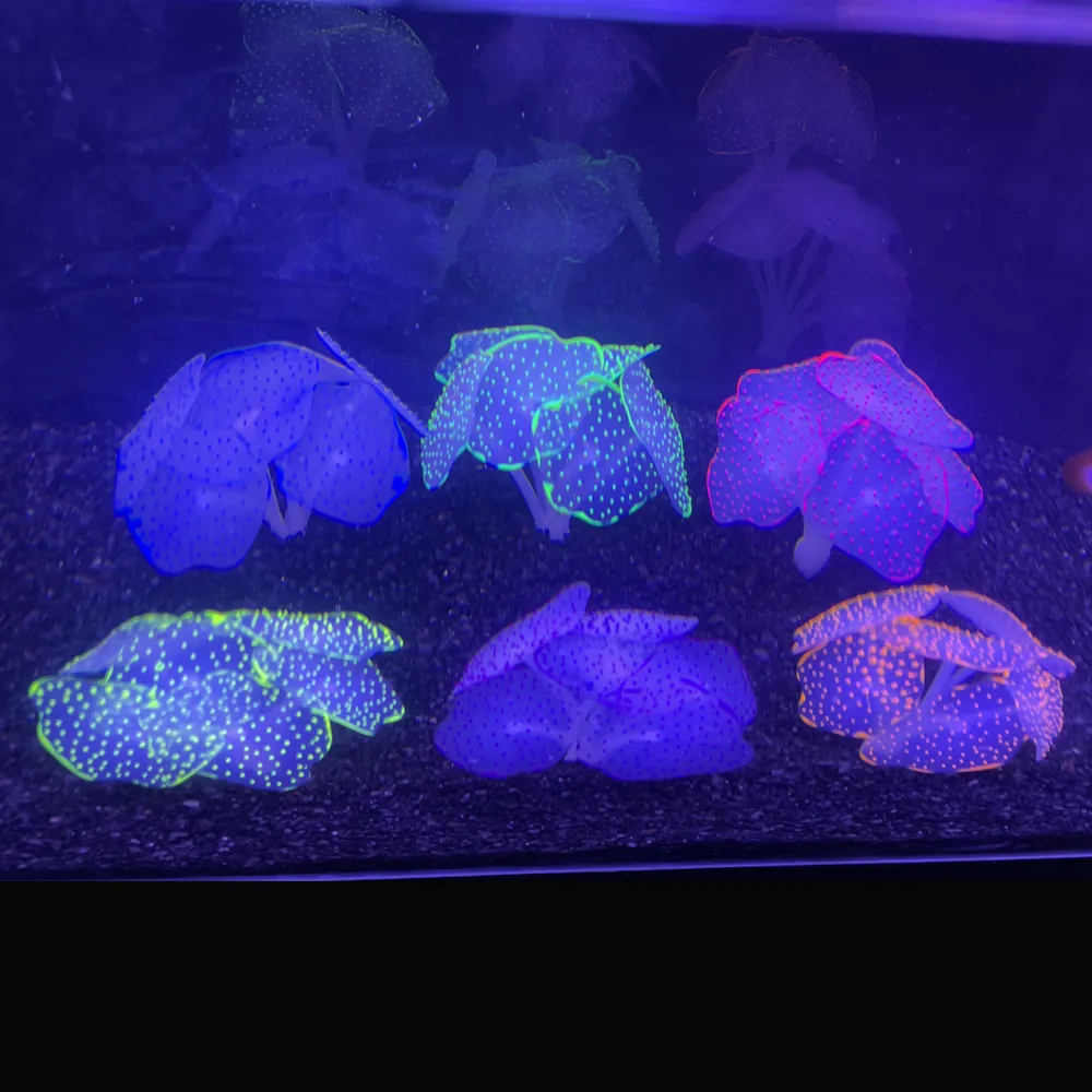 Accesorios para acuarios, ventosas de silicona de coral artificial, efecto fluorescente, plantas acuáticas, decoran el acuario, 6 colores