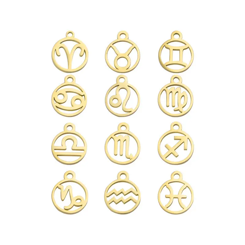 Wholesale Stainless steel zodiac pendant charms 12mm Silver / Gold / Rose gold zodiac charm pendant for jewelry making