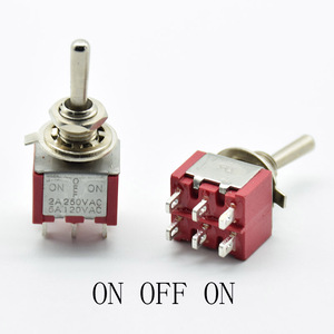 Interruttore a levetta rosso Mini MTS-203 ON/OFF/ON DPDT chiusura 2A 250VAC / 5A 120VAC 6 pin con terminale di saldatura impermeabile - Product Image 2