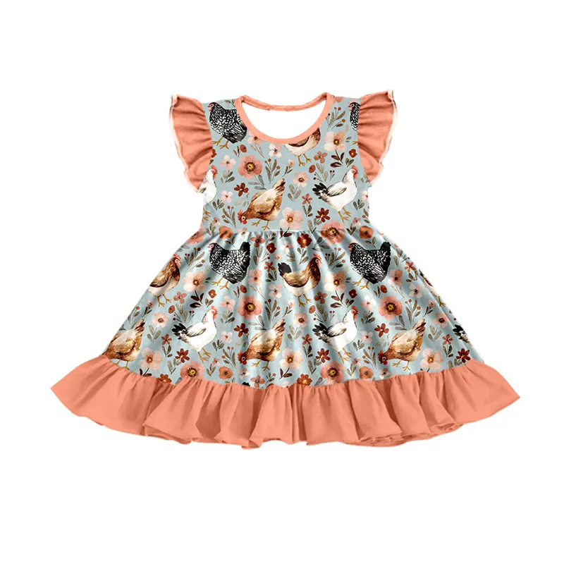 تصميم جديد -طلب مسبق- ملابس أطفال بأكمام منفوشة بطبعة دجاج زهور فستان مزرعة للأطفال فساتين للفتيات الصغيرات