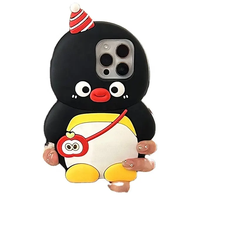 Casing penutup ponsel pola Penguin 3D, topi merah kecil lucu kartun lucu, casing penutup aksesori ponsel untuk iPhone 11 12 13 14 15 Pro Max