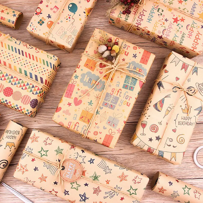 New Colorful Cartoon Christmas Wrapping Paper Kraft Wrap Paper Roll for Wedding Kids Birthday Holiday Baby Shower Gift Packing