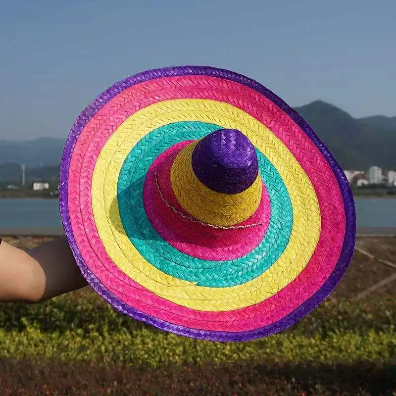 Sombreros de paja mexicanos Borde ancho Bordes coloridos Suministros para fiestas Regalo decorativo para adultos Halloween Al Aire Libre MÉXICO sombreros de verano de paja rosa