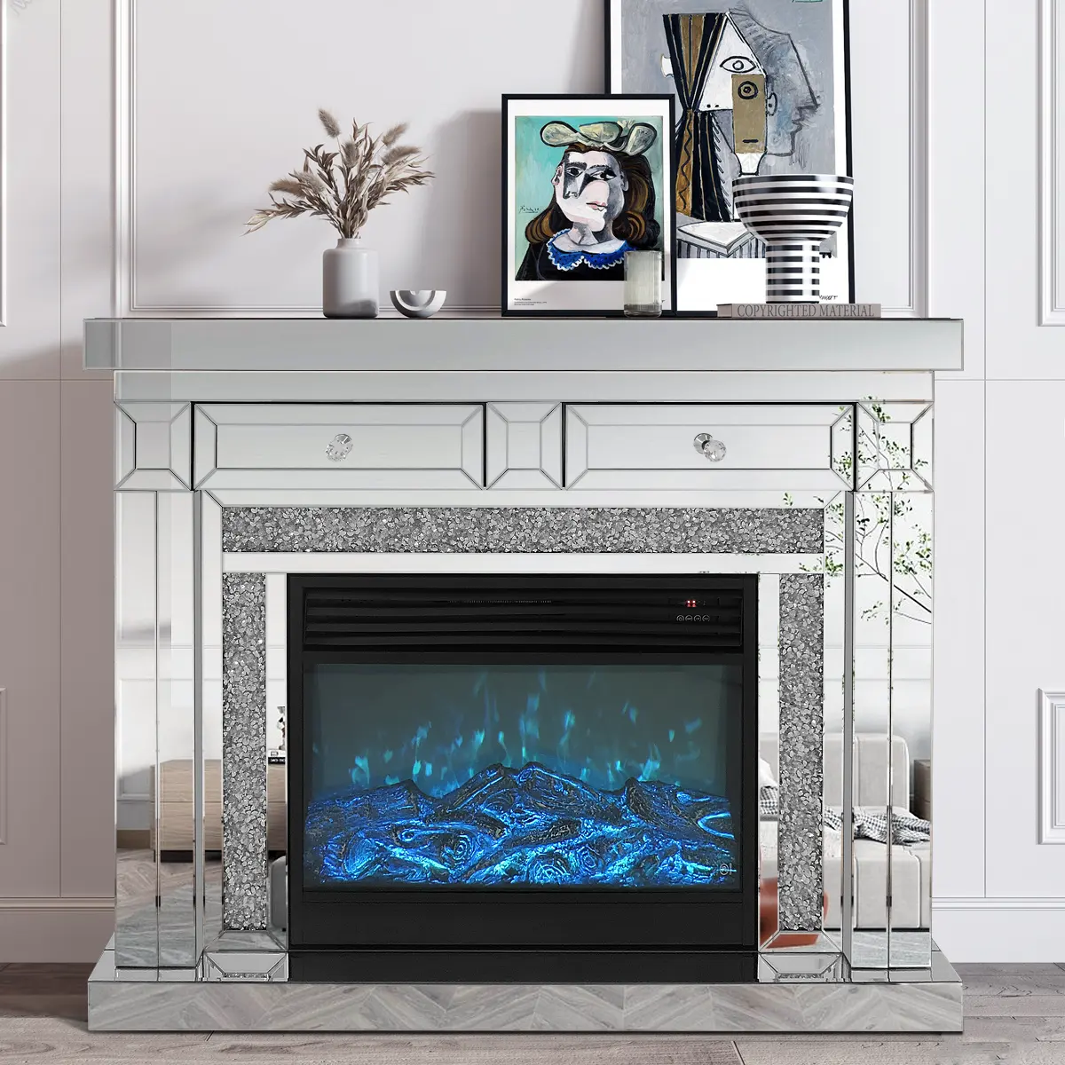 accent mirrored glam furniture gallery LED Electric Fireplace unit with faux diamond Remote control heater for home indoor