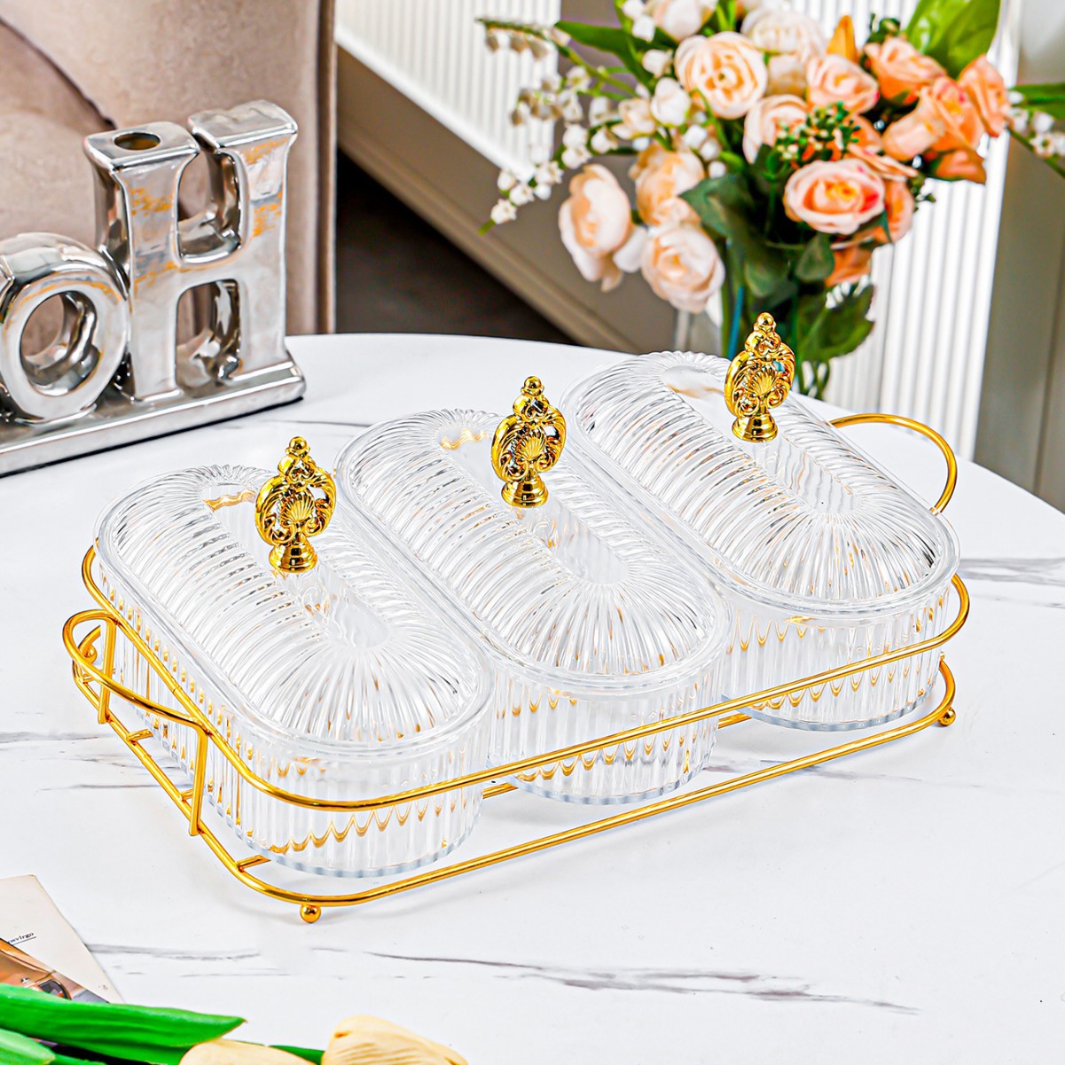 Cadre Fleur Or - Transparent - Grande Assiette Ovale - 3 Compartiments