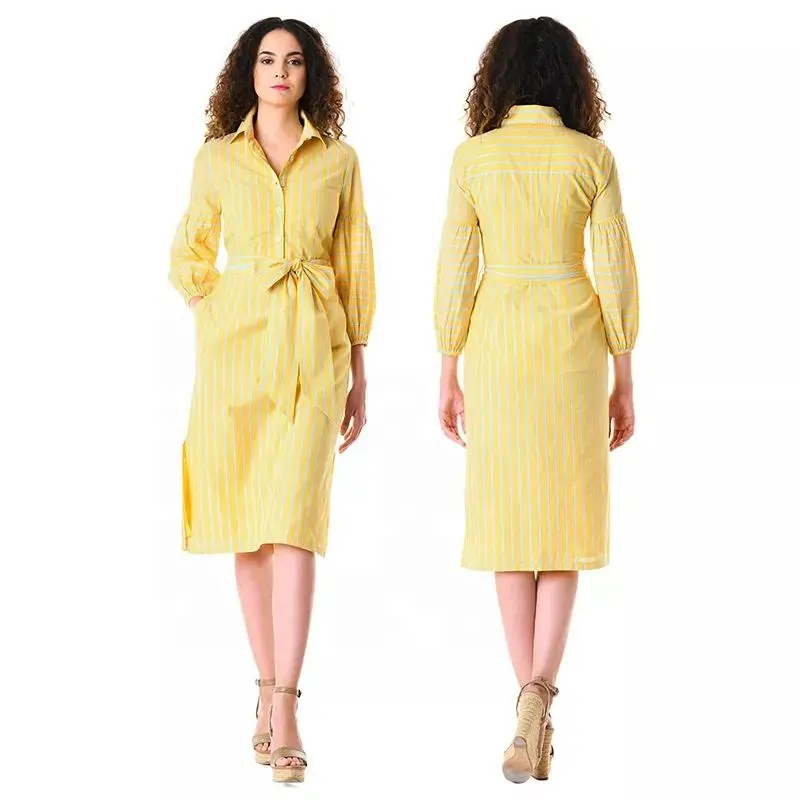 2022 moda donna autunno camicia lunga abito Casual donna a righe gialle abito in tessuto di lino crea abito camicia di alta qualità