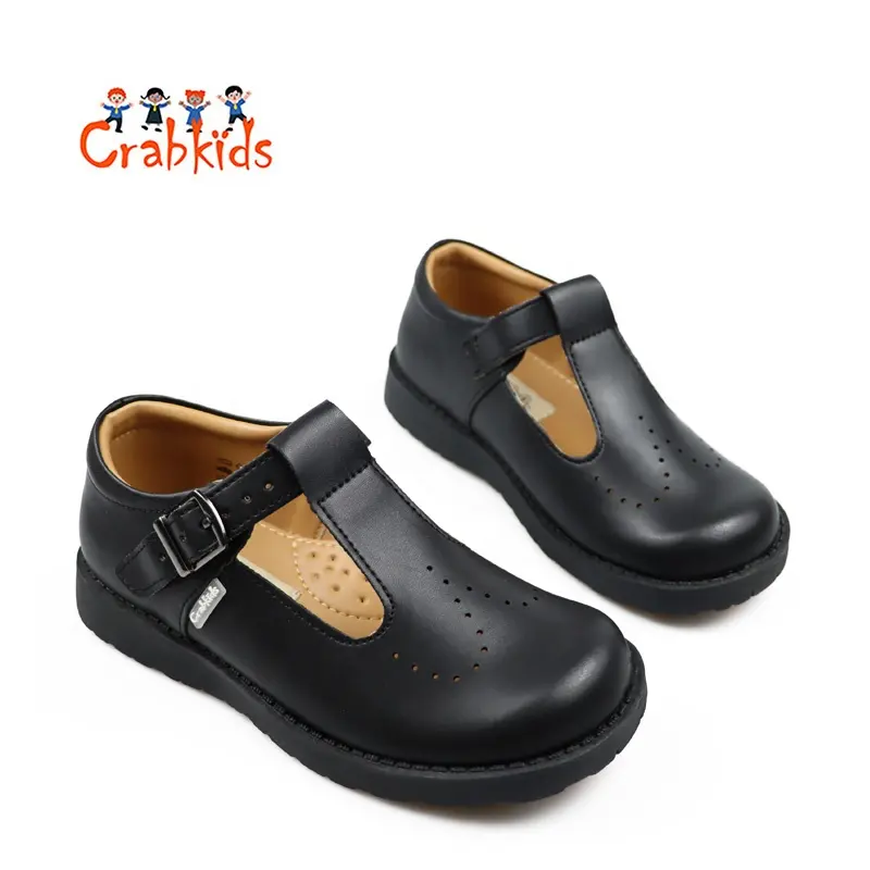 Crabkids, venta al por mayor, 27-42 yardas, negro con botones en T de ventilación, cómodos zapatos escolares de viaje para niñas